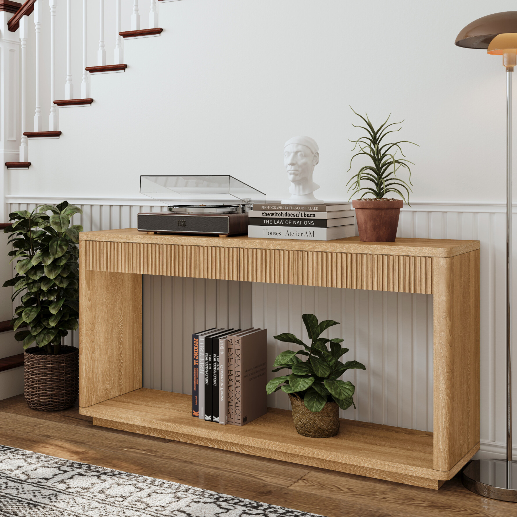 60" Fluted Console Table with 2 Drawers, Modern Sofa Table Behind Couch with Open Storage Shelf, 2 Tier Entryway Table for Living Room, Hallway, Natural
