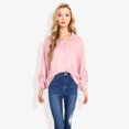 thumbnail image 4 of Women's Long Sleeve Button-Down Shirt with Roll-Up Sleeves and Front Pocket Casual Loose Fit Blouse- Medium, Pink, 4 of 6