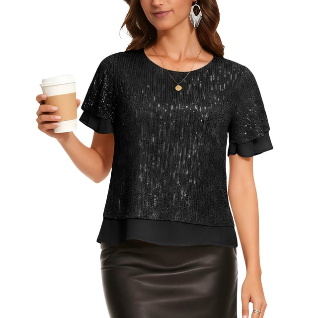 Craaazy Women's Sparkle Short Sleeve Top with Scallop Hem and Round Neck Gifts