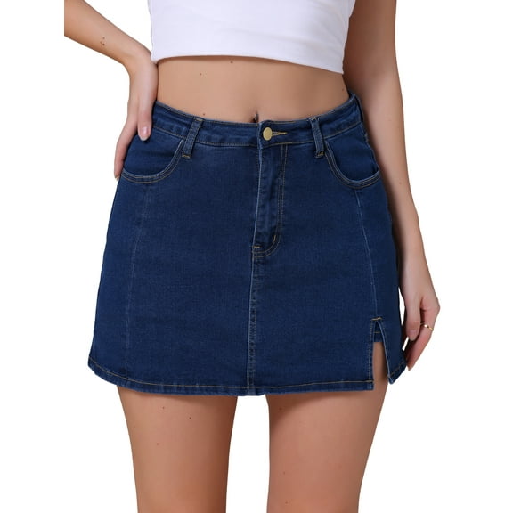 DARING DIVA Women's High Waisted A Line Stretchy Side Slit Mini Denim Skirt S Dark Blue