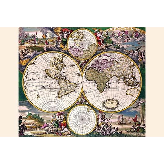 Stereographic Map of the World with Polar projections-Fine art canvas print (20" x 30")