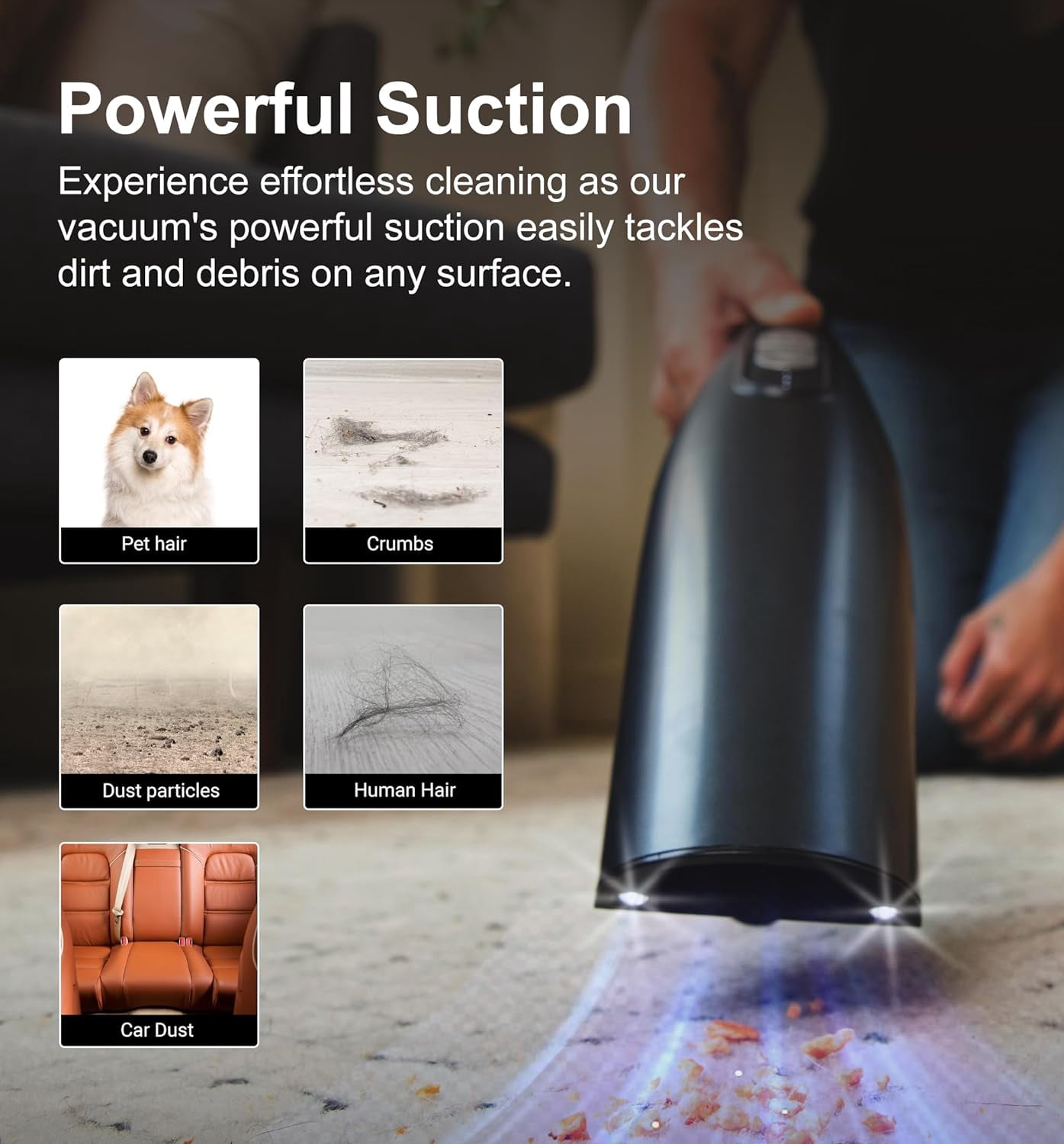 Tranqwil Cordless Handheld Vacuum, Lightweight & Powerful Suction, Charging Dock, One-Touch Empty for Home & Car, Guiding Lights with Versatile Attachments