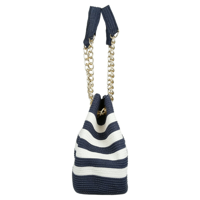 Straw Wooven Blue and Offwhite Handbag. Straps Are Chain and Leather. | Color: Blue/White | Size: 17 x 12 x 5 | Molava2012's Closet