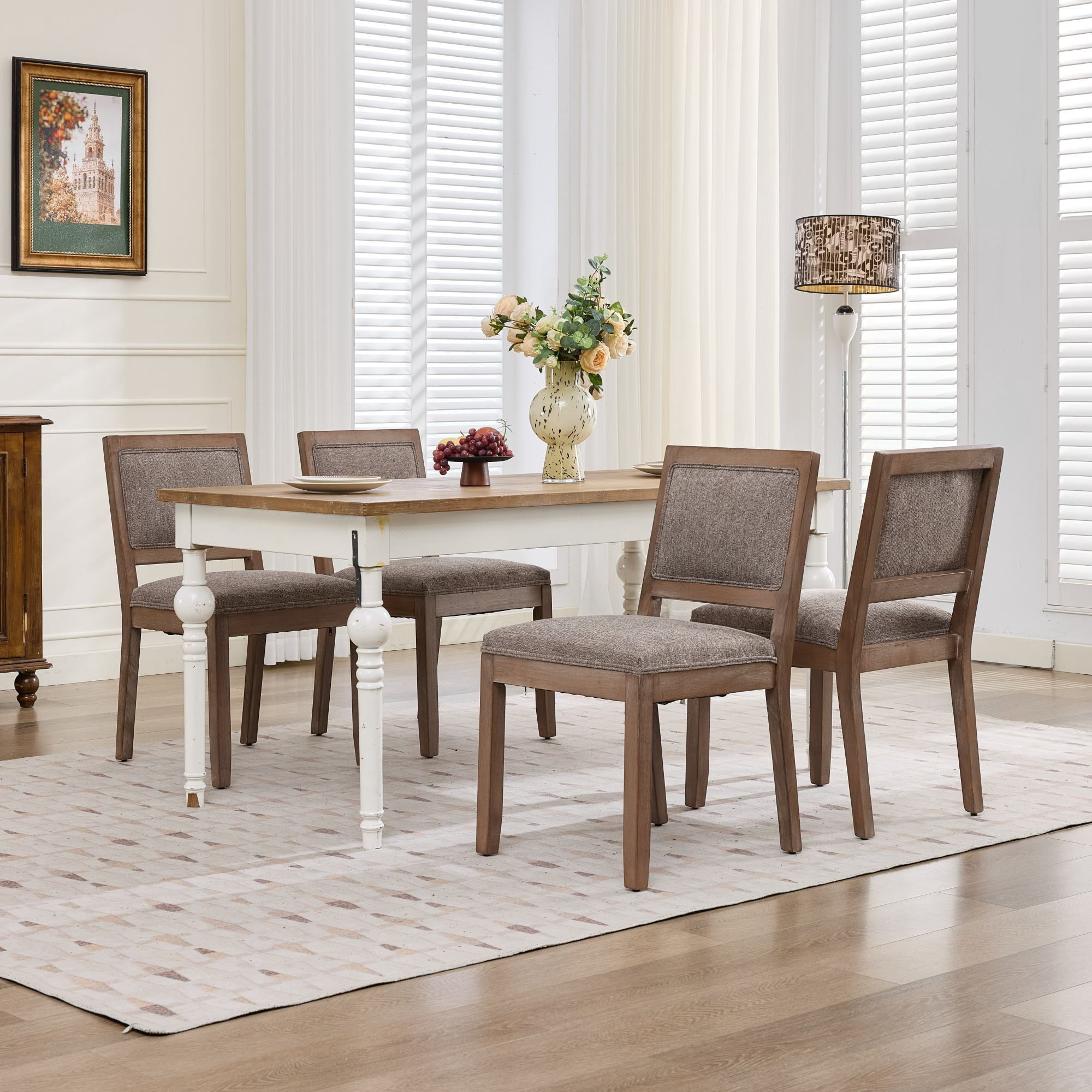 Leumius Set of 2 Farmhouse Fabric Upholstered Dining Chairs, Cushioned Fabric Seat Solid Hardwood Frame Chairs for Kitchen, Dining Room & Breakfast Nook,Coffee