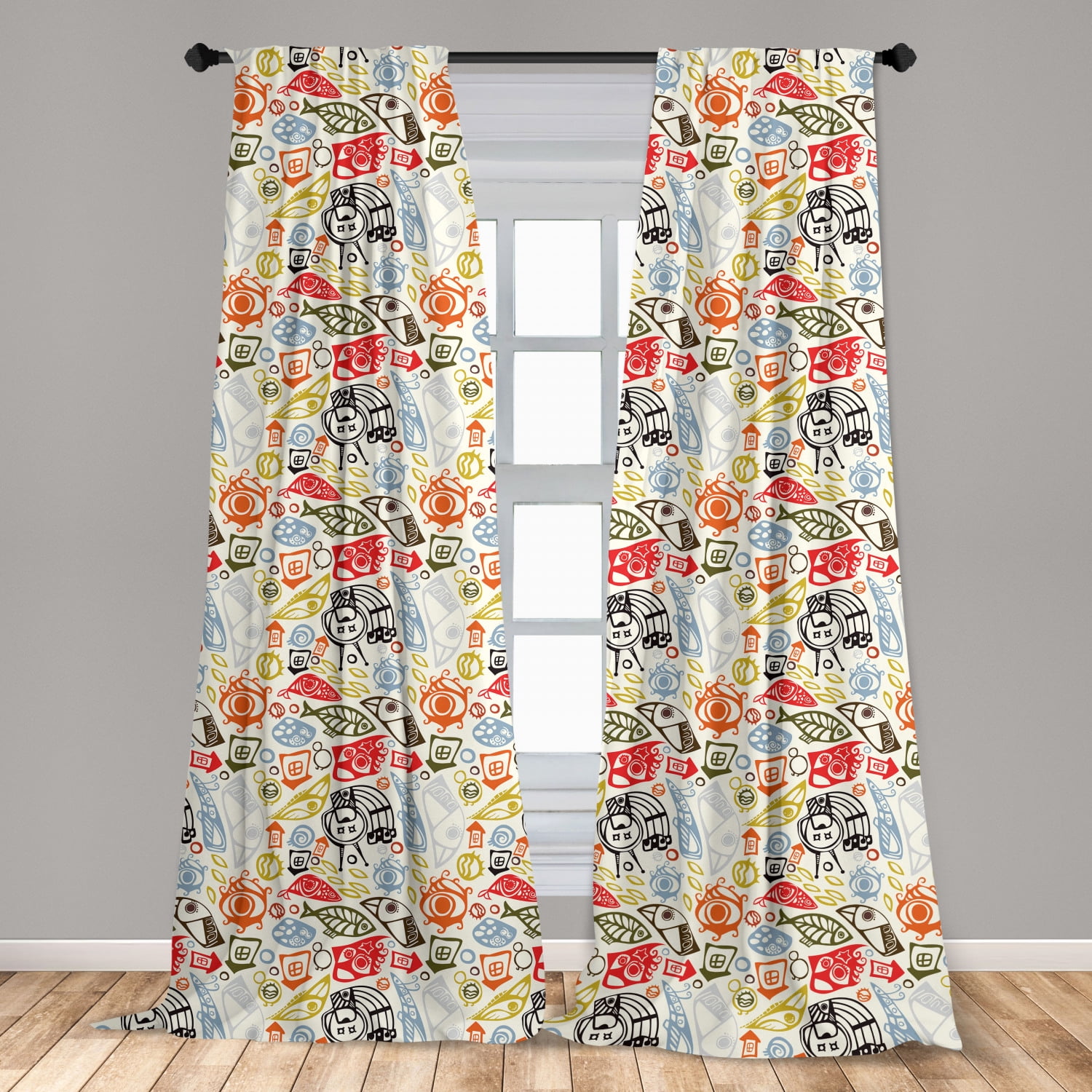 Funky Curtains 2 Panels Set, Abstract Trippy Pattern with Fish and Eye