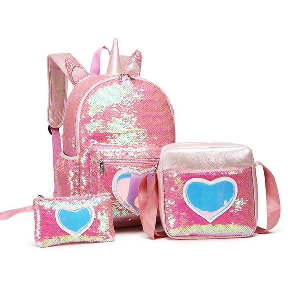 Sequin Backpack Three-piece Schoolbag Women's Backpack,Pink Three piece Medium