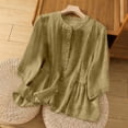 thumbnail image 2 of Tweang Cotton Linen Shirts Cotton Linen Tops for Women Boho Peasant Blouse Roll Up Short Sleeve T-shirt Loose Fit Cotton Blouses Cotton Button Down Graphic Shirt Loose Gauze Tunics Green 2XL, 2 of 5