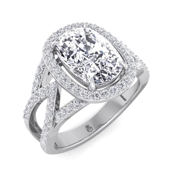 Luxe - Moissanite Elongated Cushion Cut Halo Lab Diamond Engagement Ring Twist Band With Sidestones