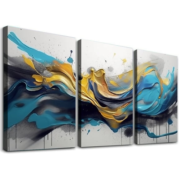 JRXY Blue Abstract Wall Art -  Navy Blue and Gold Graffiti Painting on Canvas for Living Room, Geometric Lines Print Picture Artwork for Home Décor 12''x16''X3 Panels 12x16x3pcs