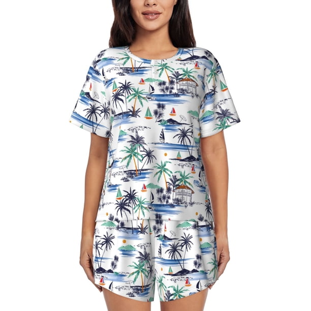 Balery Hawaii Palms Conjunto de Pijama para Mujer con Estampado, Dos Piezas de Manga Corta y Shorts, Ropa de Dormir Suave con Cuello Redondo y Bolsillos-Large