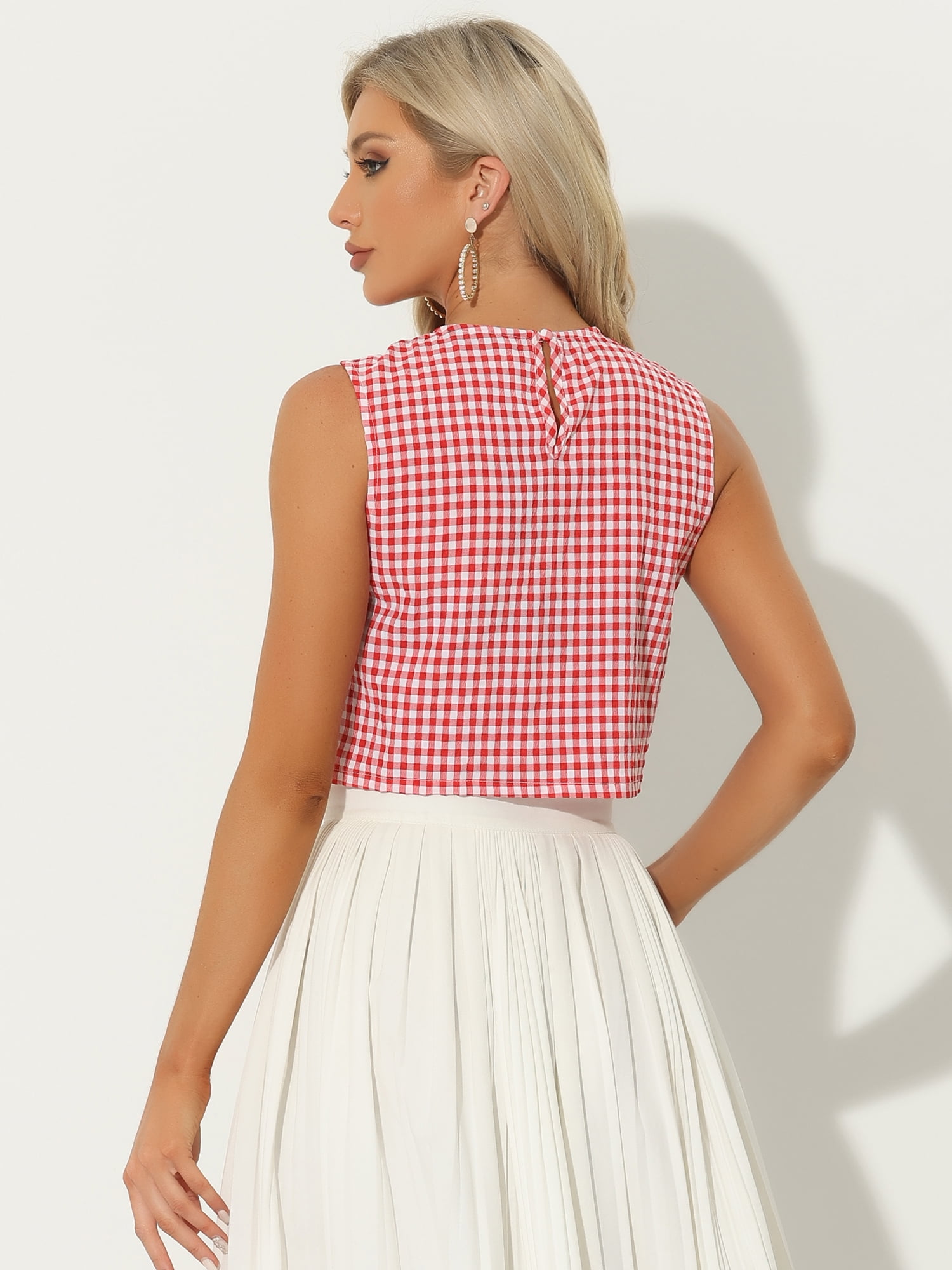 Unique Bargains Women's Blouse Sleeveless Vintage Summer Ginham Tops XS Red XS Red