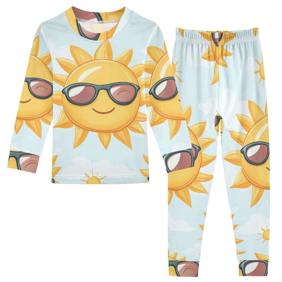 Cute Sun with Sunglasses Cotton Pajama Set Long Sleeve Top and Pants Sleepwear Unisex 18M