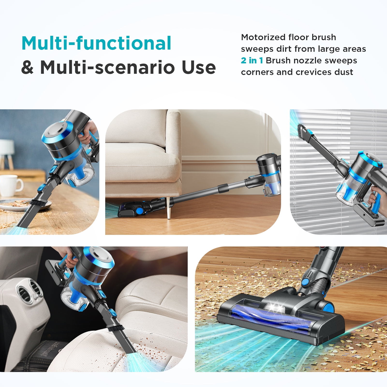 Cordless Vacuum Cleaner, 38000PA/450W 50min 2500mah for Home Pet Hair Carpet Wood Floor (Blue)