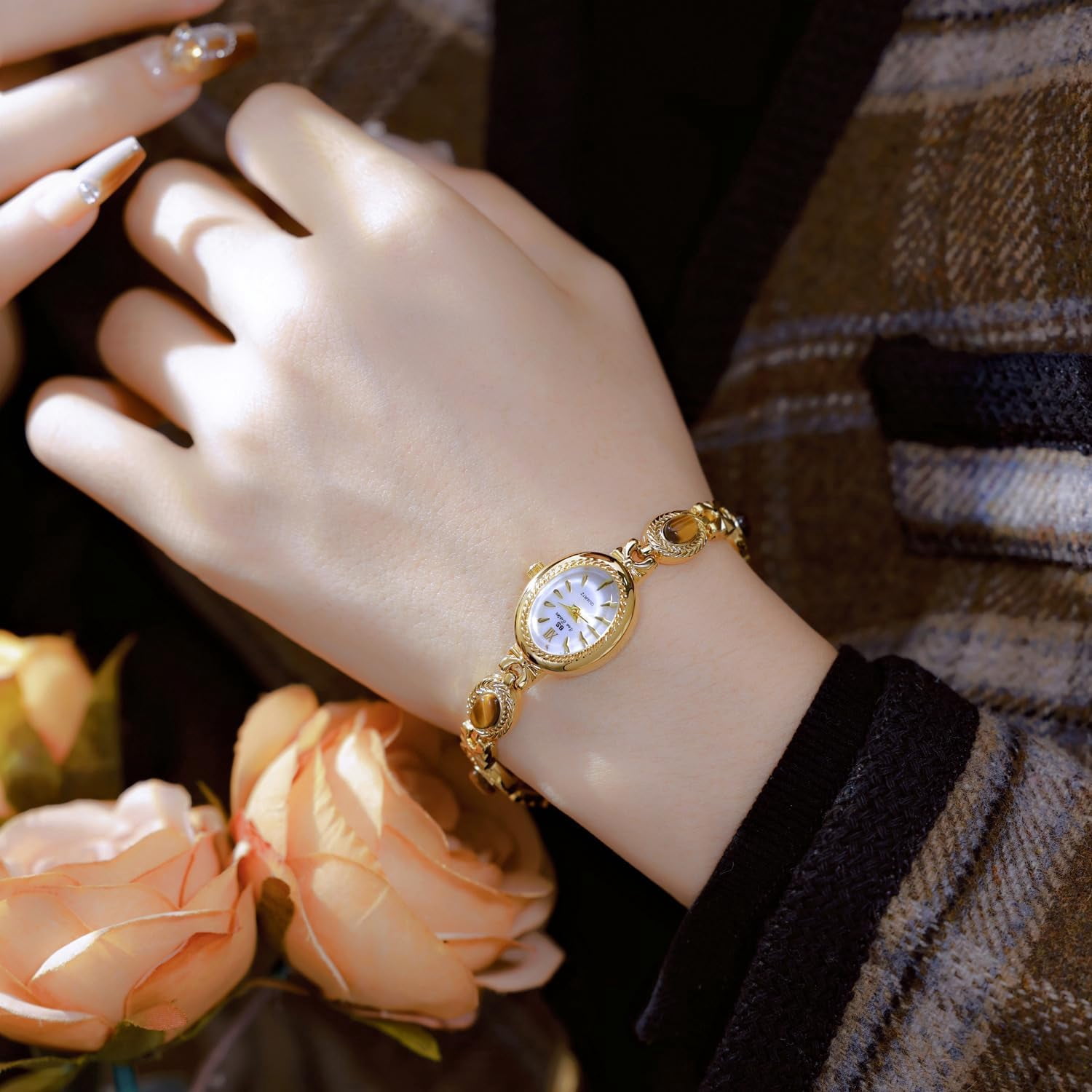 Gold Watches for Women with Small Vintage Bracelet Elegant Jade Oval Dial Dress Watch Fashion Quartz Wrist Watch Waterproof Watch