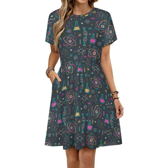 Midcentury Modern Science Short Sleeve Dress Women Summer Evening Dresses Ladies Sundress