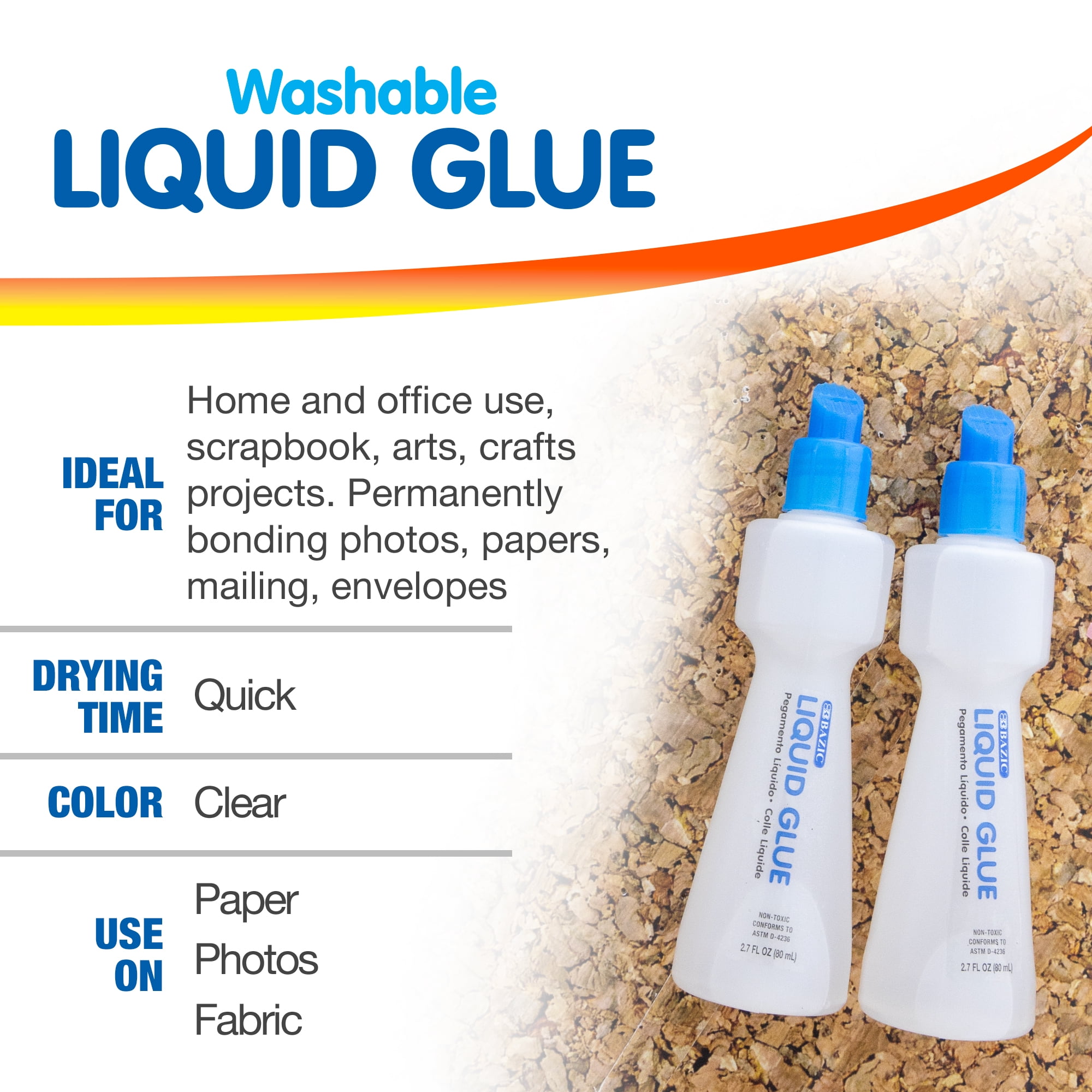 BAZIC Washable Stationery Clear Glue Pen 2.7 Oz. (80 mL), Liquid Clear Glues Adhesive (2/Pack), 72-Packs