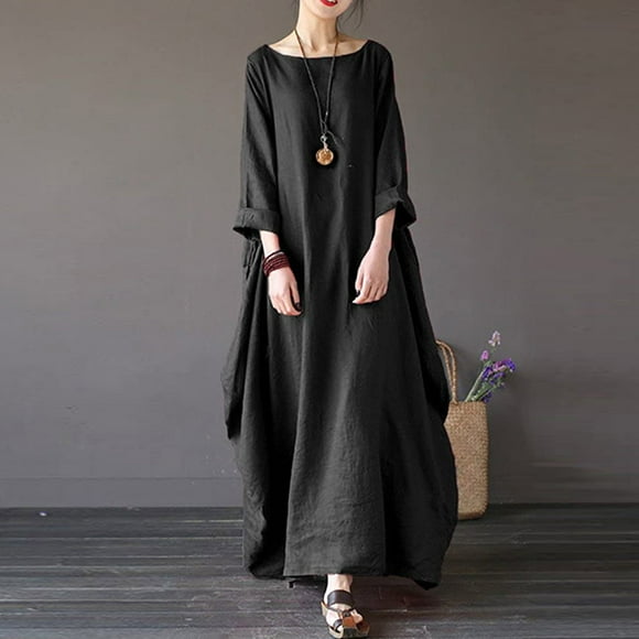 Bramtres Robes Maxi, Robe à Manches Longues, Robes pour Femmes, Robe Mi-Longue à Col Rond pour Fête, Robes Longues, Robes Décontractées, Robes pour Femmes, Robe Noire, m