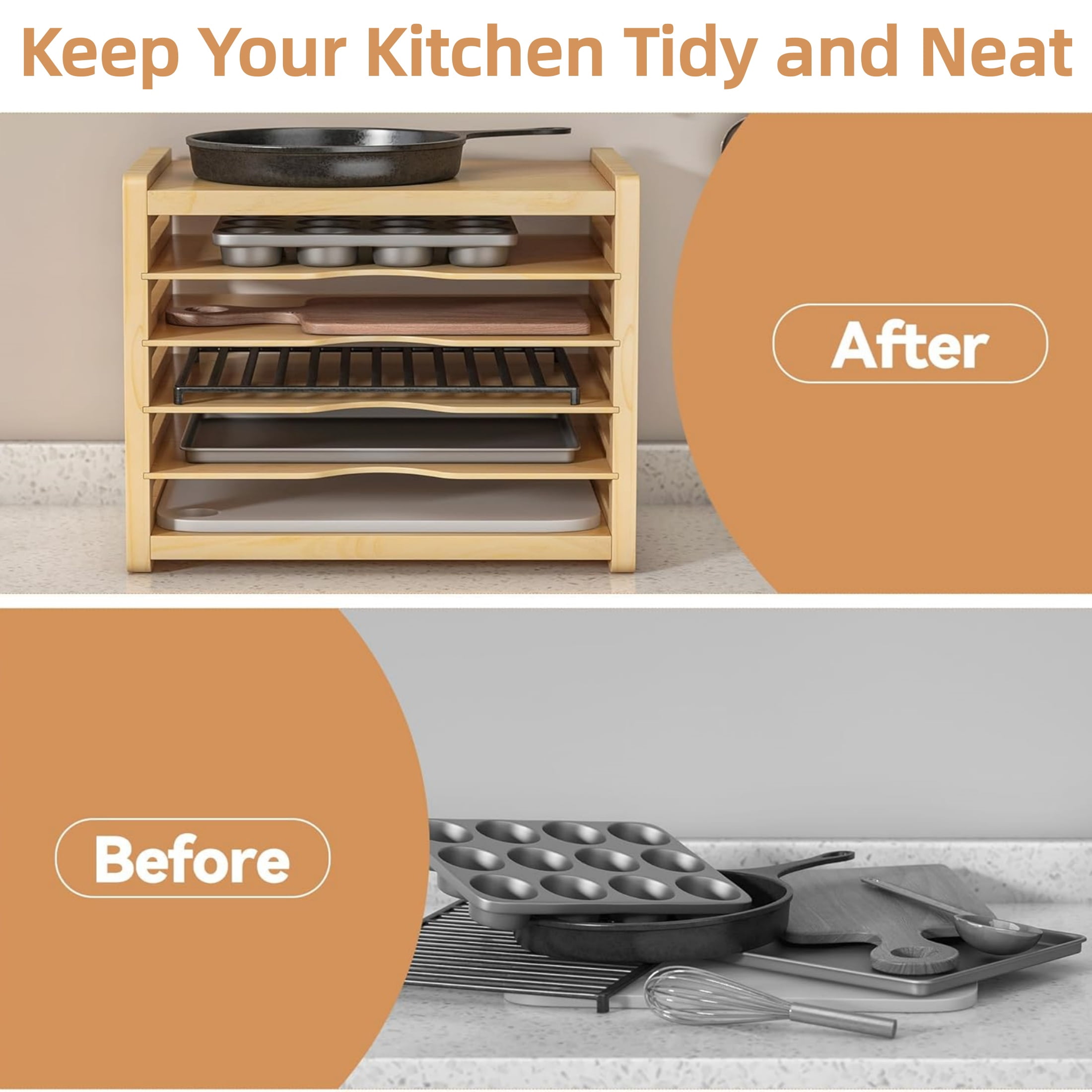 Gtouse Wooden Cabinet Tray Dividers, 6 Tier Kitchen Cookie Sheet Organizer for Pots, Pans, Baking Tray, Cutting Board