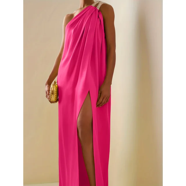 Vestidos de Noche de satén de talla grande para mujer, vestido de fiesta Formal de un hombro, largo, Maxi, temperamento, abertura alta