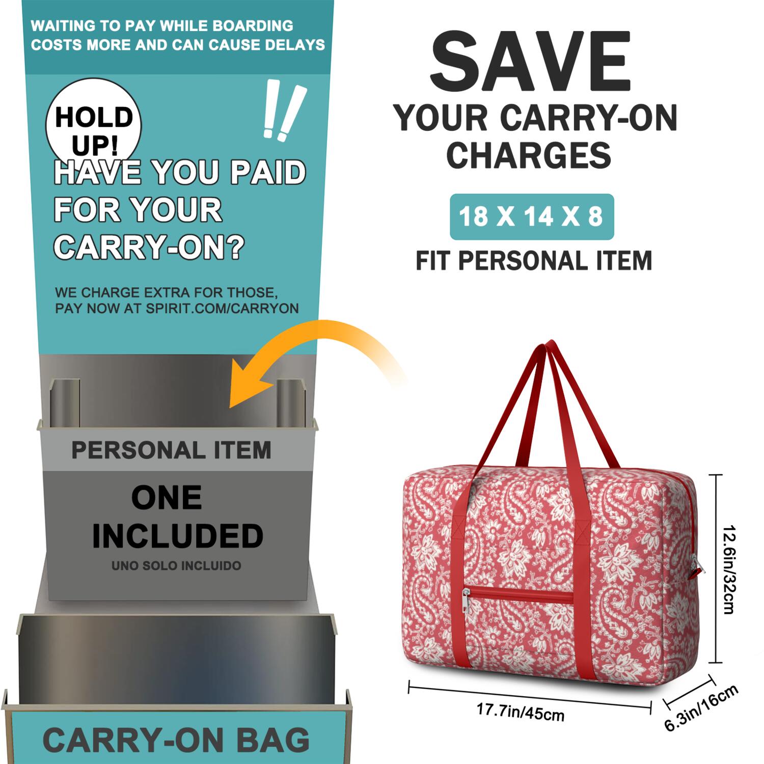 For Spirit Airlines Personal Item Bag 18x14x8 Inch, Boho Weekender Travel Bag, Foldable Travel Duffel Bag Underseat Carry on Bag with Luggage Sleeve for Women and Men 30L