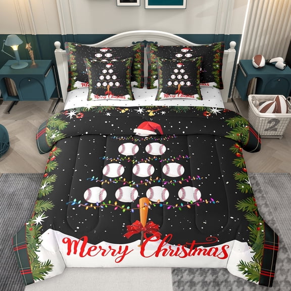 Homewish Baseball Xmas Tree Twin Bedding Sets 7-Piece, Dreamy Winter Festival Bedding Comforter Set, Merry Christmas Sheet Sets, Super Cozy Room Decor