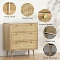 thumbnail image 3 of Eumyviv Commode à 3 Tiroirs en Rattan, Commode Rustique en Chêne avec Façade en Canne Naturelle, Pattes en Bois et Poignées Dorées pour Chambre et Salon, H0027, 3 of 8