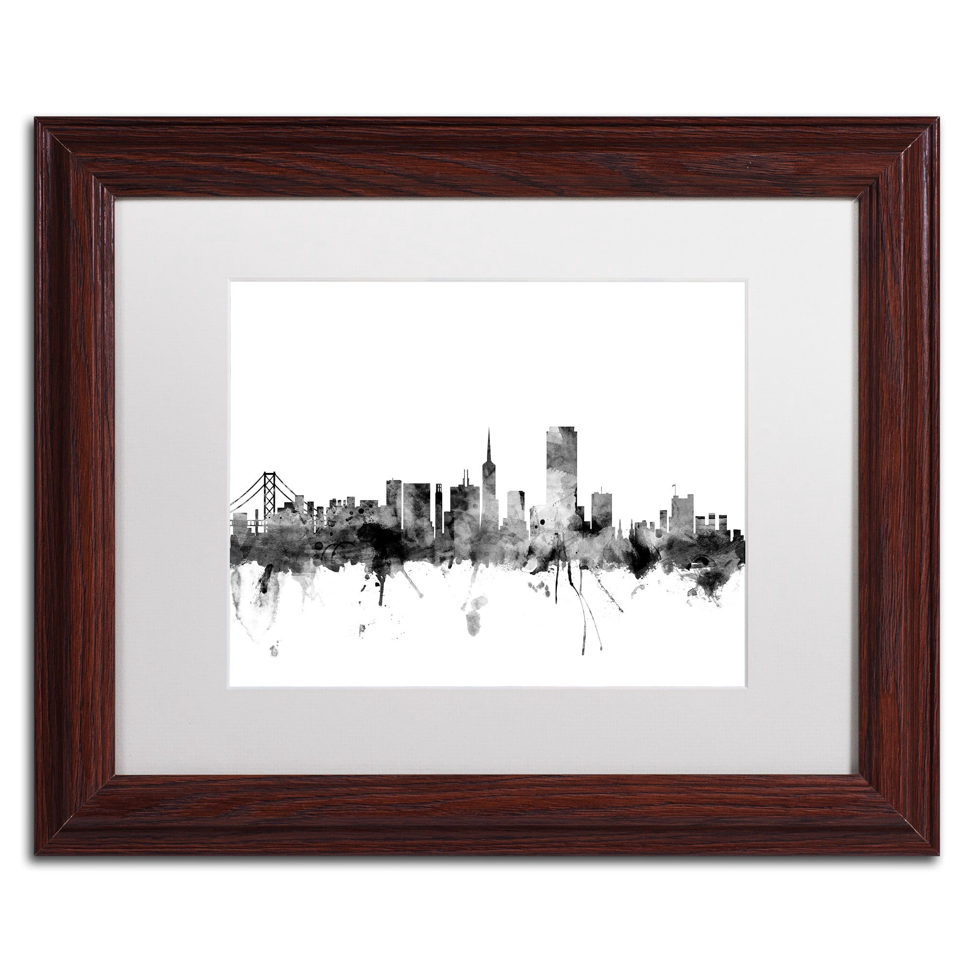 Trademark Fine Art "San Francisco City Skyline B&W" Canvas Art by Michael Tompsett, White Matte, Wood Frame