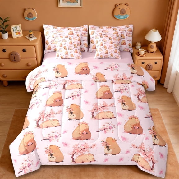 Erosebridal Cartoon Capybara 7-Piece Twin Bedding Sets For Kids,Pink Cherry Blossom Bedding Comforter Set For Cute Animals Lover ,Reversible Pink