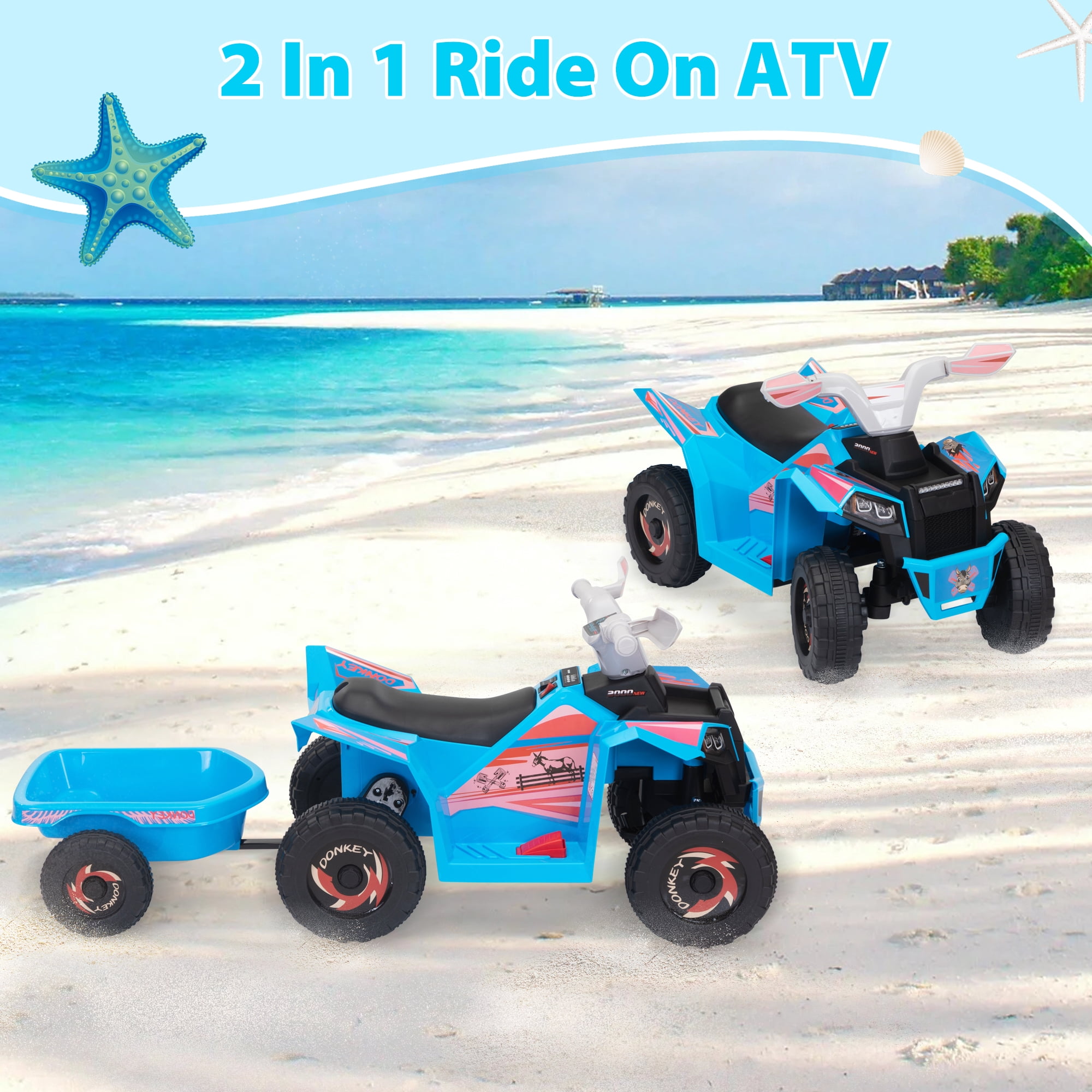 TOBBI 6V Kids Ride on ATV Quad Battery Powered 4-Wheeler Toy Car W/ Trailer, Bluetooth, MP3, Horn, Blue