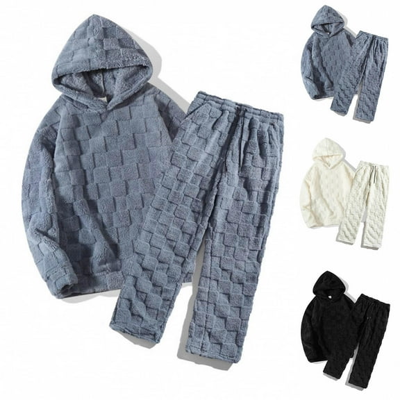 Miluxas Mens Fleece Lined Track Suits 2 Piece Sets Fuzzy Sherpa-Lined Hooded Sweatshirt and Pants Plaid Loungewear Sleepwear White