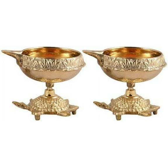 Designer Brass Handmade Engraved Kuber Diya with Turtle Base with Potli Bag, 3x2inches(Gold) - Set of 2 by Indian Collectible