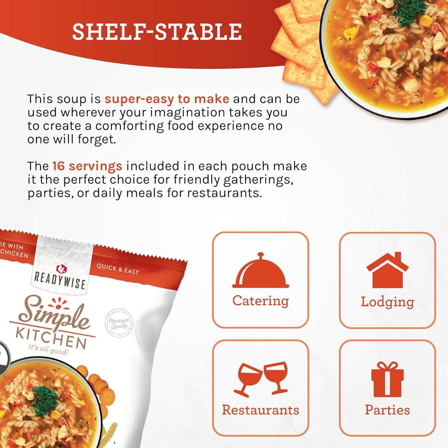 ReadyWise Simple Kitchen|Professional Series|Restaurant-Quality|Chicken Noodle Soup Mix 16 Servings per Pouch|Restaurants, Emergency Food Storage, Meal Prep, Vegetarian & Gluten-Free, Pack of 4