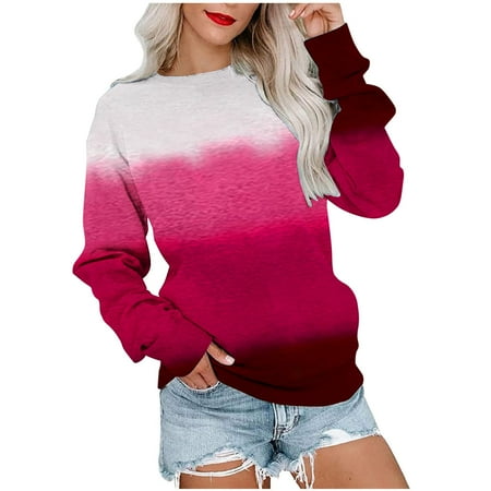 Yyeselk Hoodless Sweatshirts for Women Casual Round Neck Long Sleeves Tunic Tops Trendy Gradient Color Loose Fit Ladies Holiday Blouses Red S