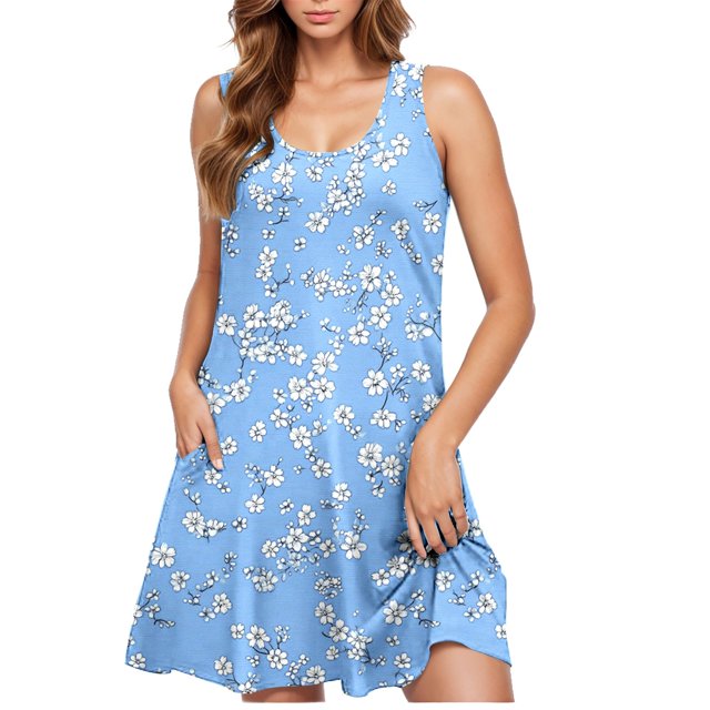 Ovzne Robes Grande Taille pour Femmes Rondes Robe Décontractée Sans Manches à Col Rond Imprimé Printemps en Solde