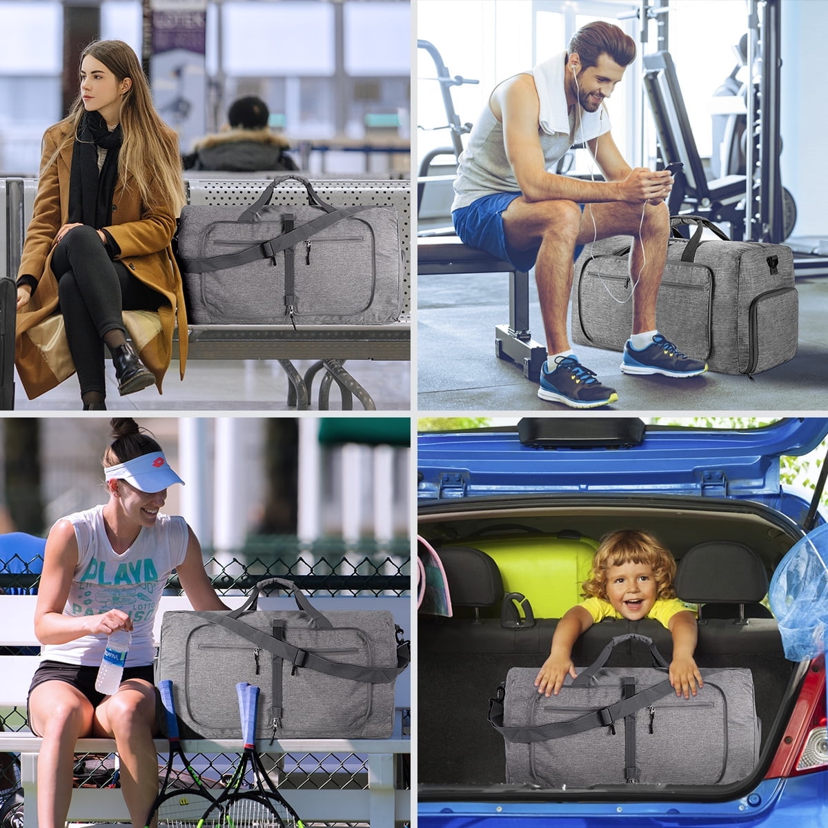 DAKOMM Travel Duffle Bag, 65L Foldable Weekender Bags for Women with Shoe Compartment, Carry on Overnight Bag for Men Women, 24" Gym Travel Bag Water Repellent & Tear Resistant, Gray