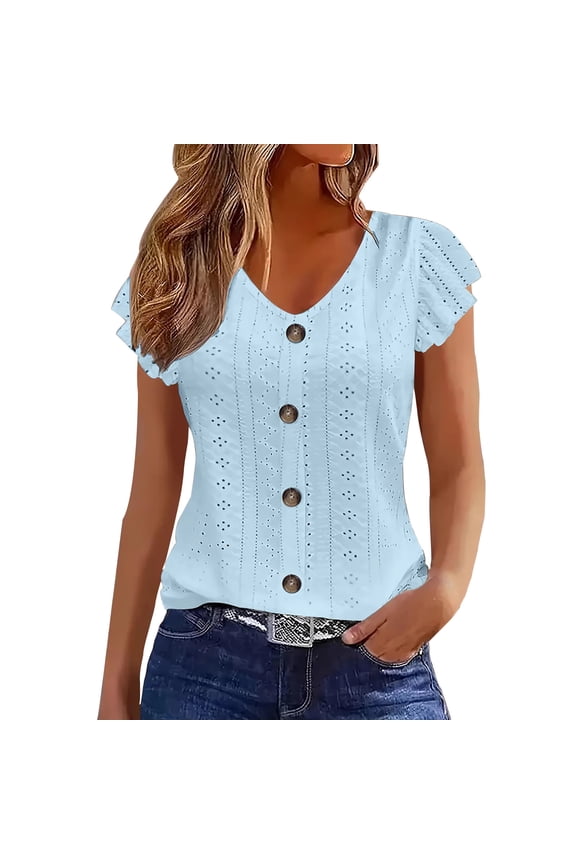 Eyelet Tops for Women Hollow Out Embroidery Summer Casual Dressy Shirts Cape Short Sleeve Elegant Blouses Tshirts