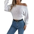 thumbnail image 2 of Womens Off the Shoulder Sweater Solid Cable Knitted Pullover Jumper Top Casual Long Sleeve Cropped Sweaters White S, 2 of 9
