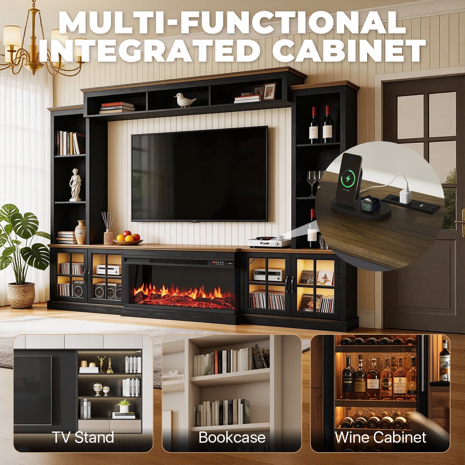 BaPiPro 98" Farmhouse TV Stand with Fireplace, Bookshelf, Entertainment Center for 75" TVs with Storage, Large Wall Unit Media Console for Living Room, Black