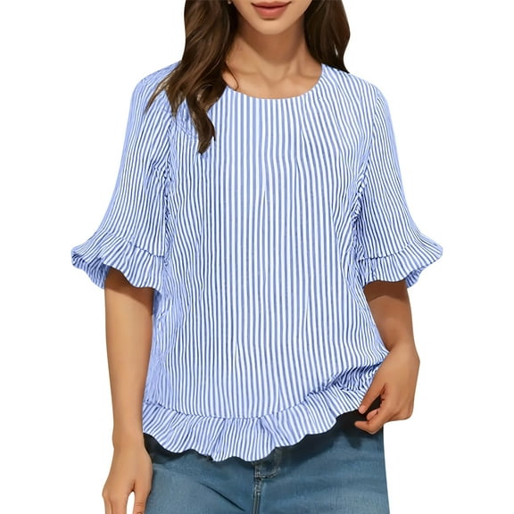 Women'S Round Neck Half-Sleeve Striped Loose Casual Shirt Ruffled Tops Blue Stripes XL