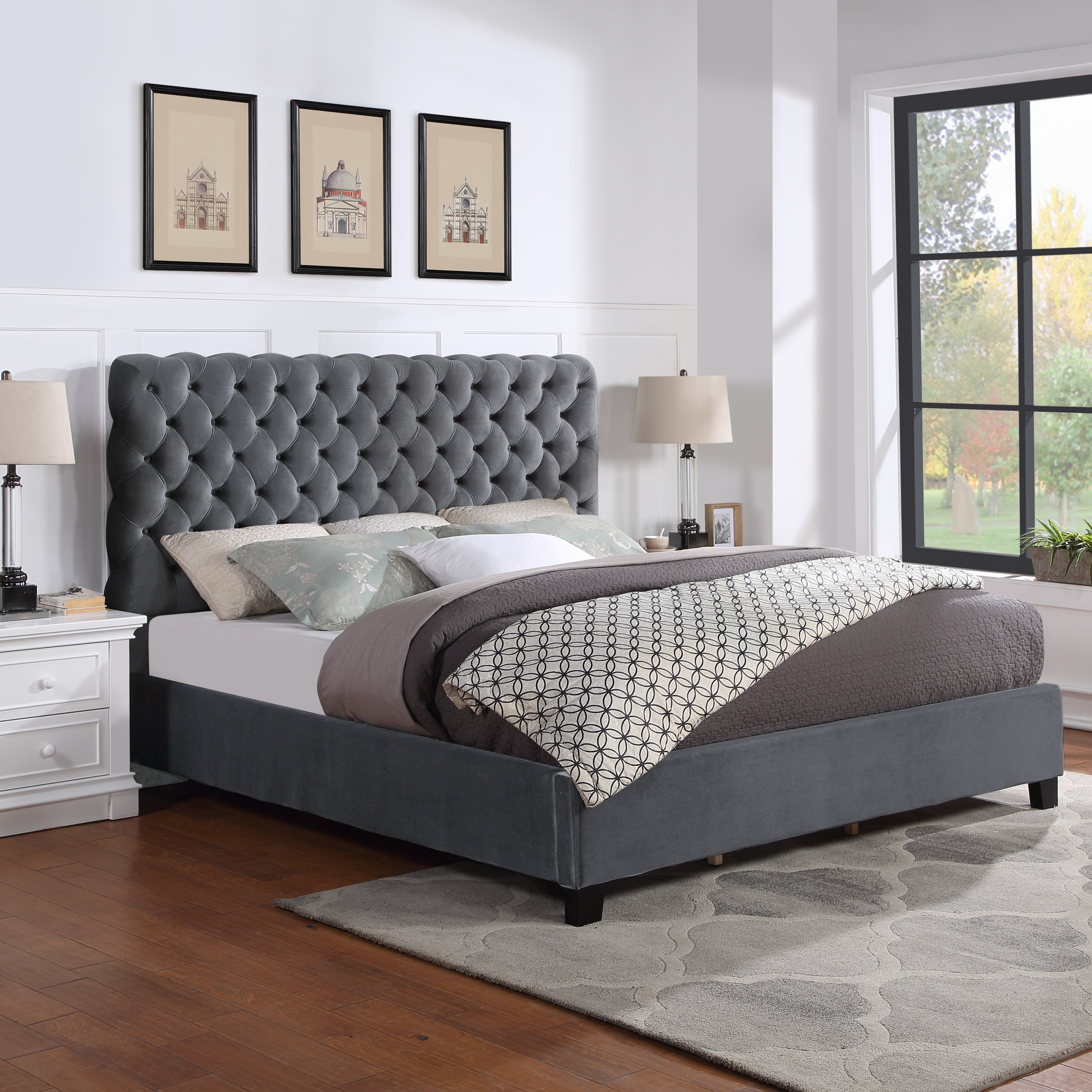 Roundhill Furniture Apoera Velvet Tufted Bed, Queen Size, Gray
