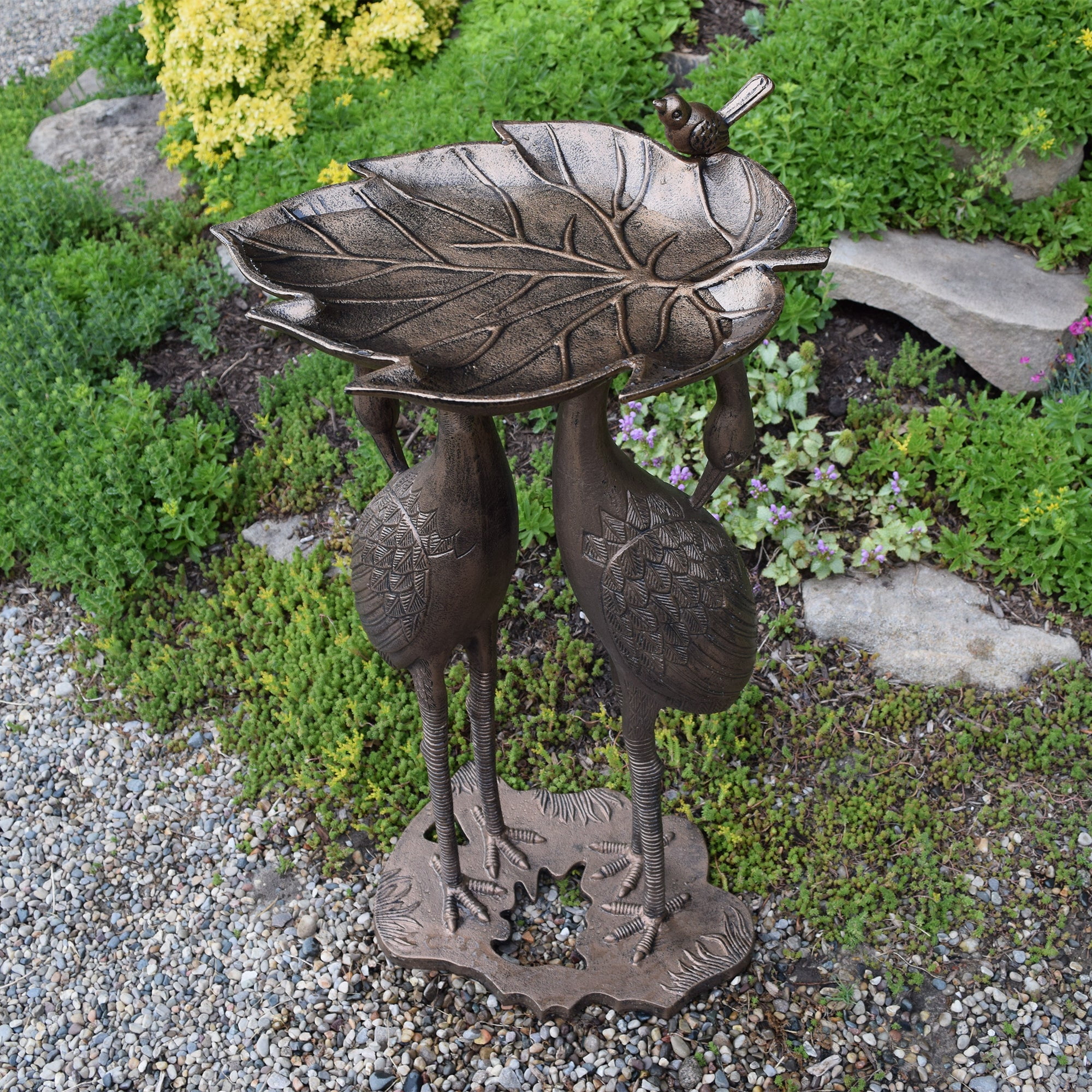 Cast Aluminum 30-in Twin Crane Bird Bath with Leaf Bowl