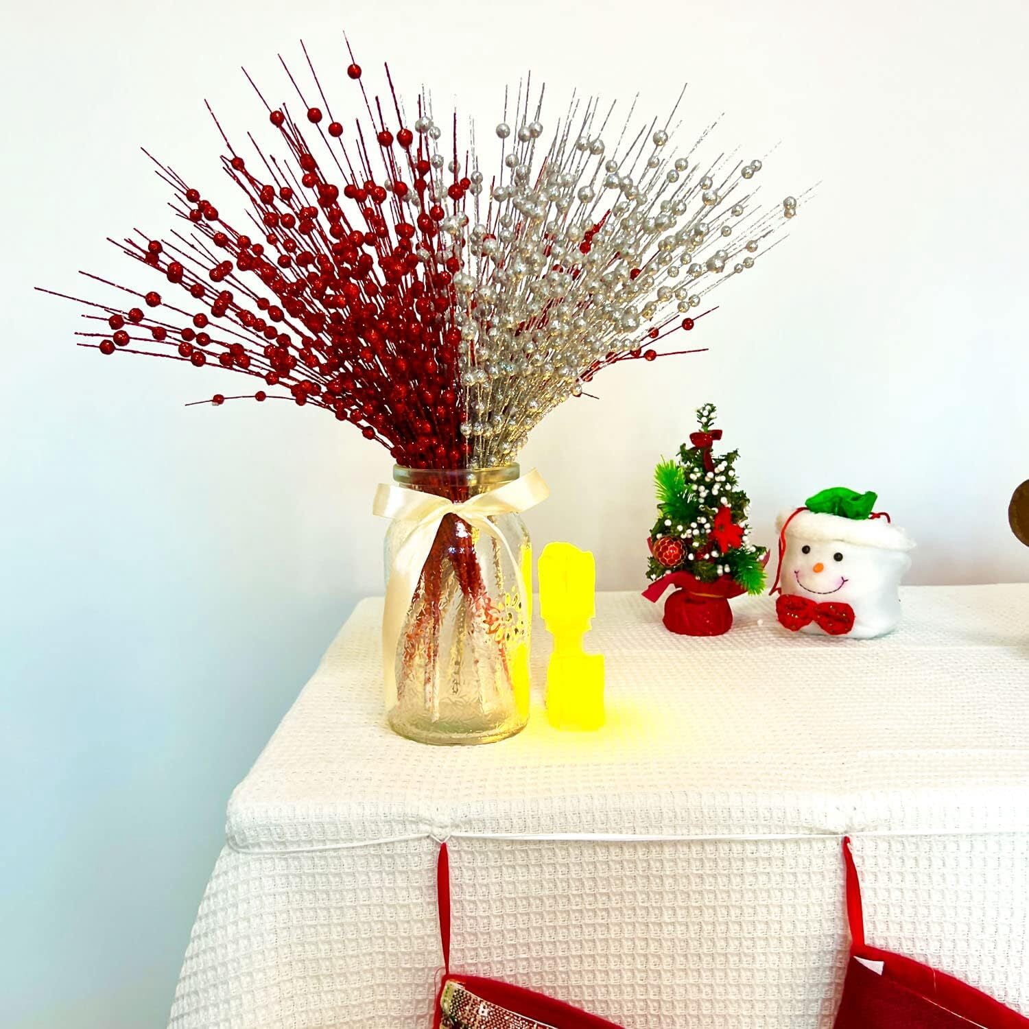 30 Pack Artificial Glitter Berry Stem Ornaments 15.7in Decorative Christmas Picks Glittery Bead Sticks Branches for Christmas Tree Decor DIY Wreath Crafts Home Decor (Red)