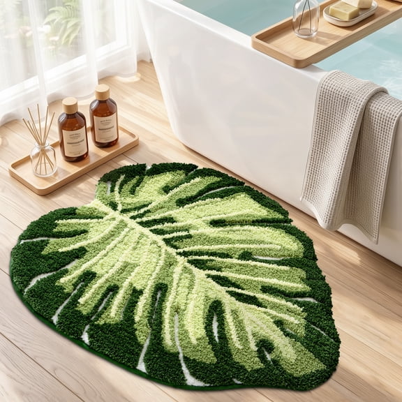 FRABE Cute Bathroom Rugs with Green Leaf Plant, Soft, Fluffy, Plush, Absorbent, Quick Dry, Non Slip, Machine Washable for Shower Floor, Bathroom, Bedroom,Kids Room, 23.5"x31.5", Monstera