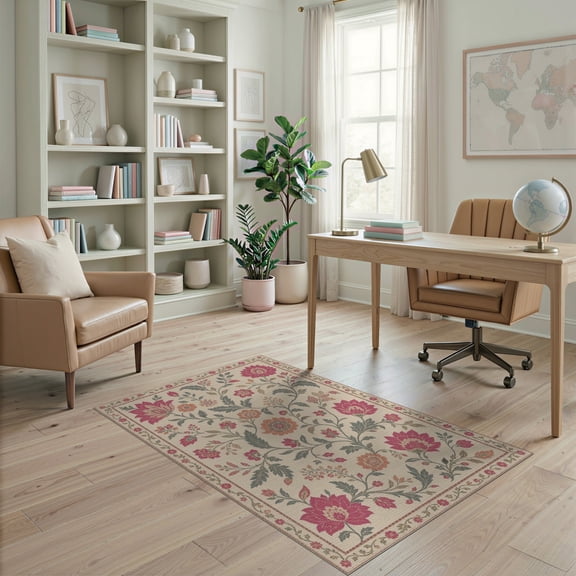 ODIKA 4'x6' Cream Pink Elegance in Floral Tapestry Washable Area Rug Vintage Inspired Botanical Patterns with Delicate for Bedroom, Reading Nook, Pet Friendly & Non-Shedding