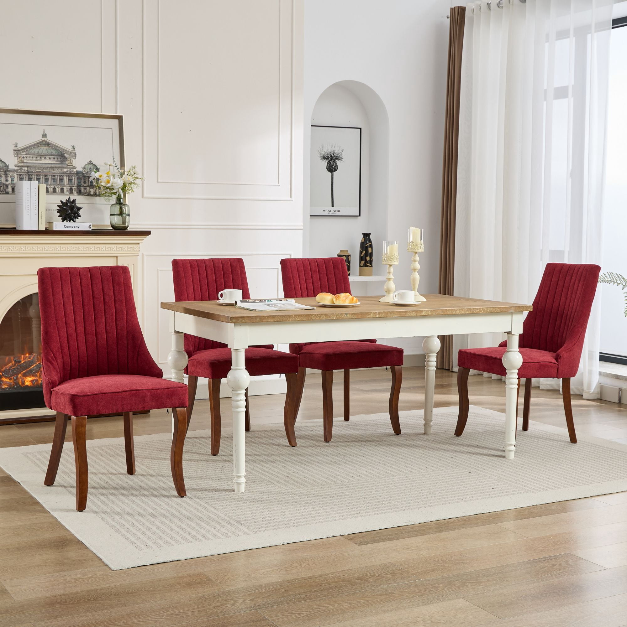 Aukfa Modern Linen Dining Chairs Set of 2, Upholstered Kitchen Side Chair Accent Chair w/ Curved Solid Wood Legs,Wine Red