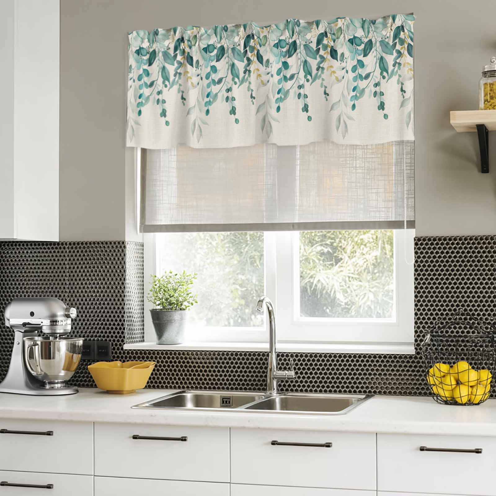 2 Pack Valances for Windows, Teal Green Eucalyptus Window Valances for Living Room/Bedroom/Bathroom, Farmhouse Weeping Leaves Linen Light Filtering Kitchen Curtain Valance 54"W x18" L