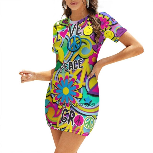 Groovy Fun Back Lacing Backless Dress Square Neck Dress Sweetheart Knot Flared Dress Sixties Fun Colorful Happy Face 60S Hippy