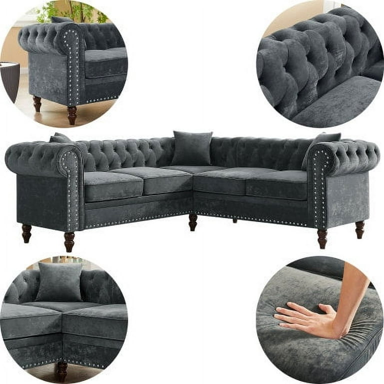 L-Shaped Velvet Tufted Sectional Sofa Set with 3 Pillows Classic  Upholstered Rolled Arm Chesterfield Sectional Sofa Couch for Living Room  Bedroom, 5