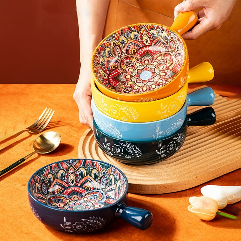 Qeeadeea Ceramic Soup Bowl With Handle 600ml, Single Shallow Bowl