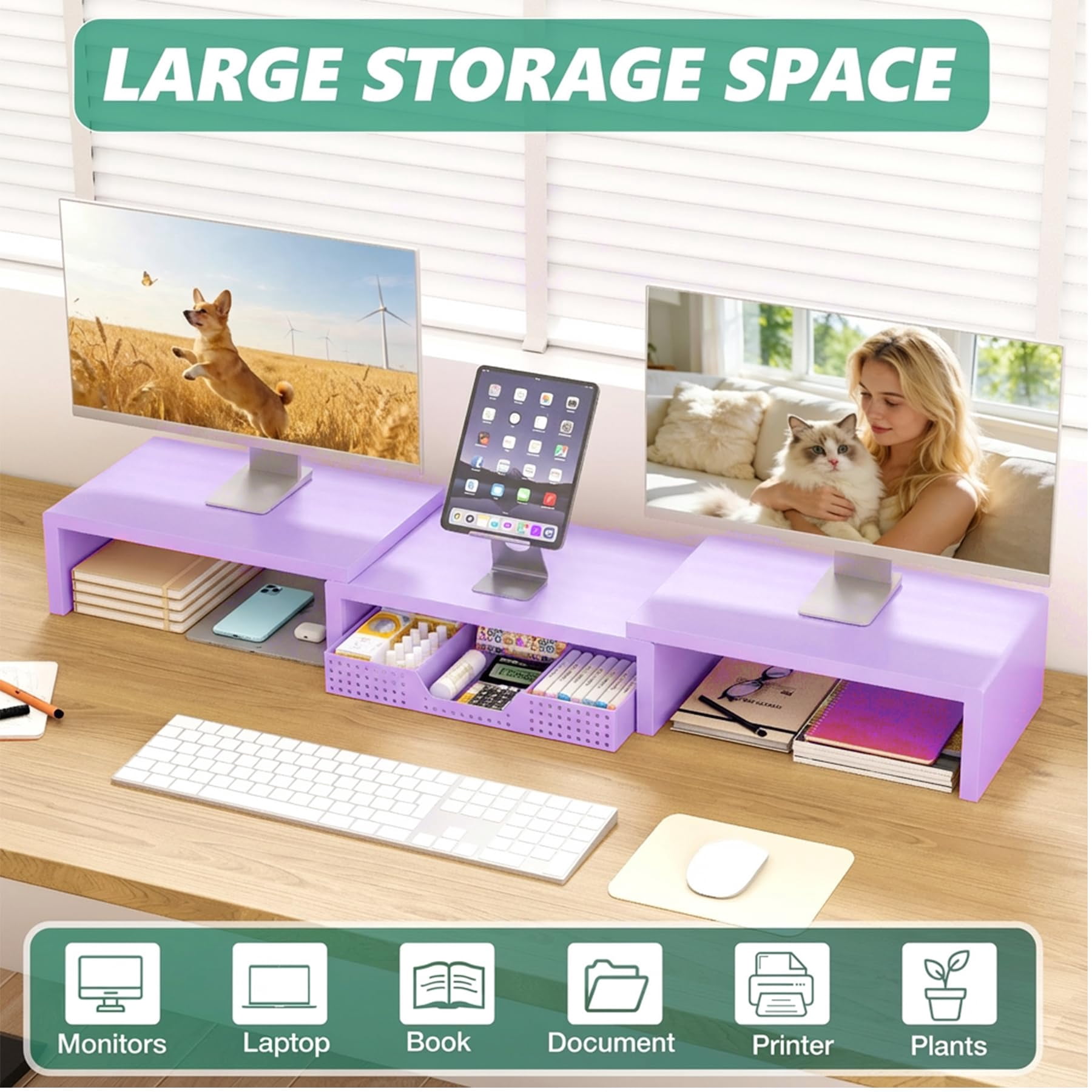 Dual Computer Monitor Stand Riser With Drawer  Workspace Desk Organizer Office Supplies Accessories For Women Purple